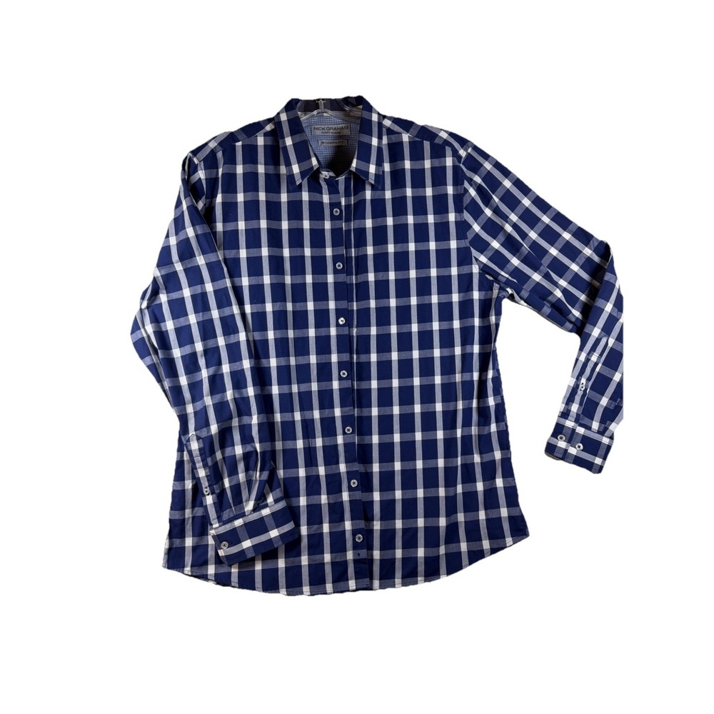 Nick Graham Mens XL Blue White Check Long Sleeve Modern Fit Button Down Shirt